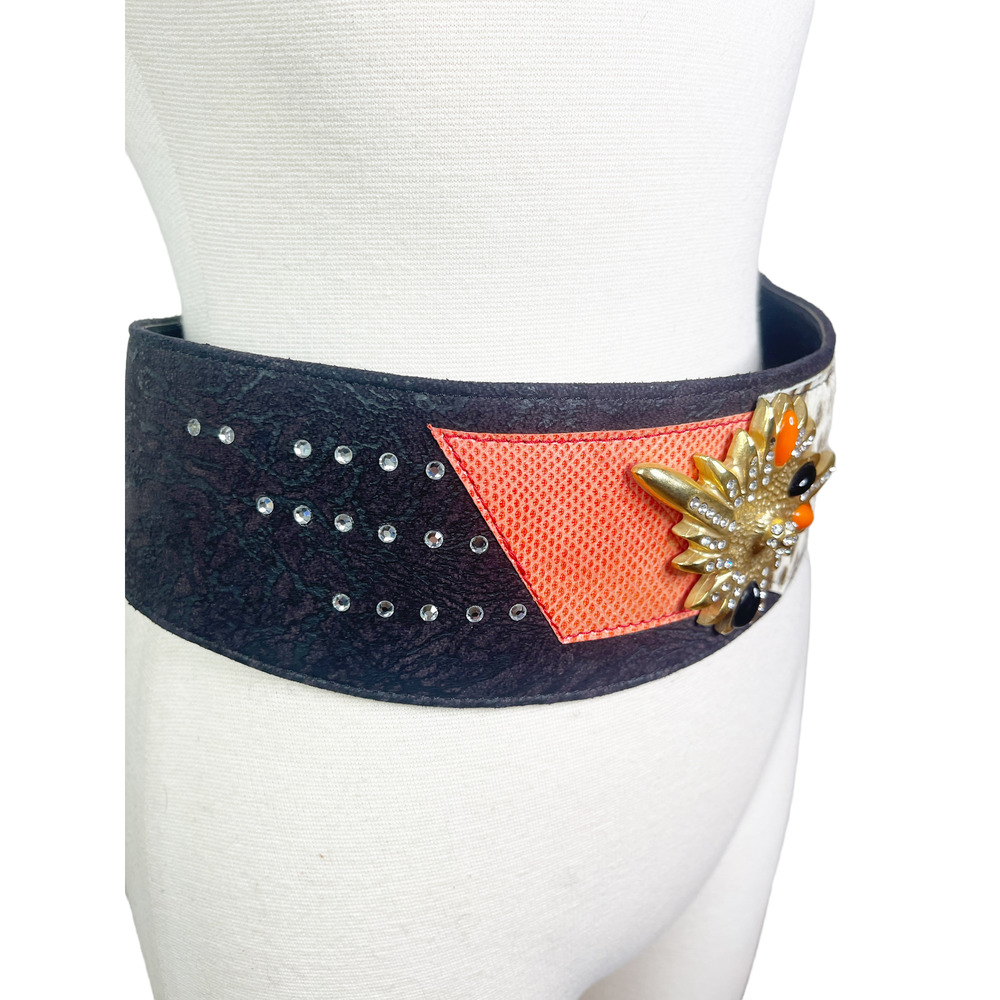 Leo Isba Vintage 1980's Suede Patchwork Jeweled Leopard Waist Cincher Belt - Picture 4 of 8
